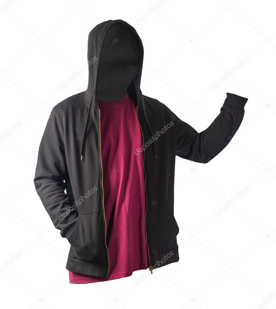 black sweatshirt with iron zipper with hoodie and burgundy t-shirt   isolated on white background.sporty style