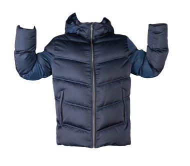 Beyaz arka planda izole edilmiş kapüşonlu koyu mavi ceketli erkekler. Her gün için şık kıyafetler.