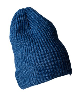 Örgü mavi şapka, beyaz bir arka planda izole edilmiş. Sıradan bir tarz için moda şapka aksesuarı.