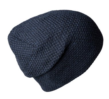 Örülmüş koyu mavi şapka, beyaz bir arka planda izole edilmiş. Sıradan bir tarz için moda şapka aksesuarı.