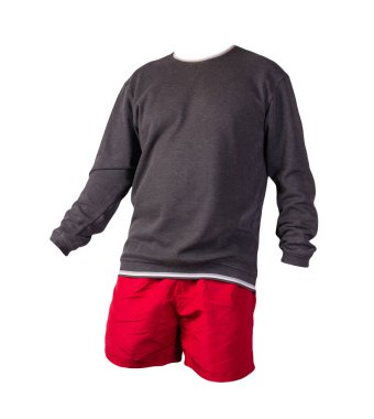 Beyaz arka planda gri eşofman ve kırmızı spor şortlar var. Günlük spor kıyafetleri.
