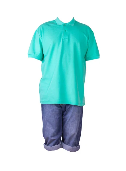 Pantalón Corto Denim Azul Oscuro Camiseta Verde Con Cuello Botones —  Fotos de Stock