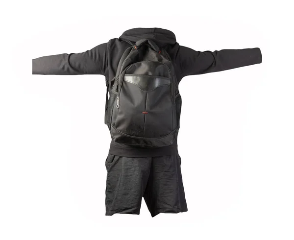 黒のバックパックフード付き黒のスウェットシャツ白の背景に黒のショートパンツ スポーツウェア — ストック写真