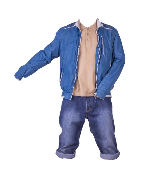 Denim Mörkblå Shorts Beige Shirt Med Krage Knappar Och Blå — Stockfoto