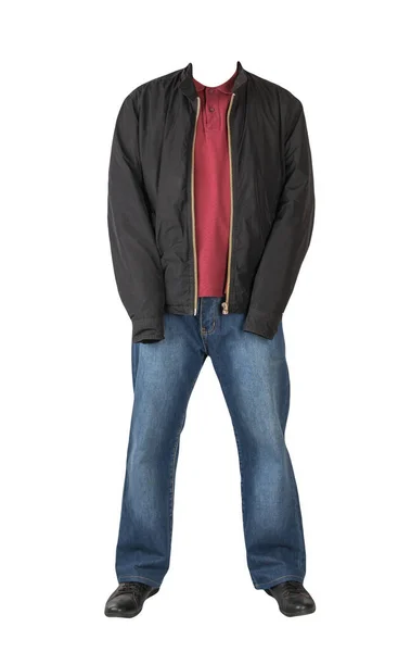 Dark Blue Jeans Dark Red Shirt Collar Buttons Black Jacket — Stock Photo, Image
