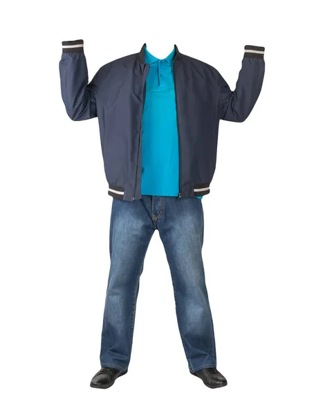 Mörkblå Jeans Blå Shirt Med Krage Knappar Mörkblå Bombare Jacka — Stockfoto