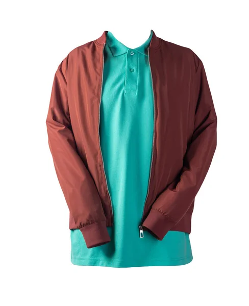 ダークレッドの男性用爆撃機のジャケットとグリーンのシャツは白地に隔離されてる ファッショナブルなカジュアルウェア — ストック写真