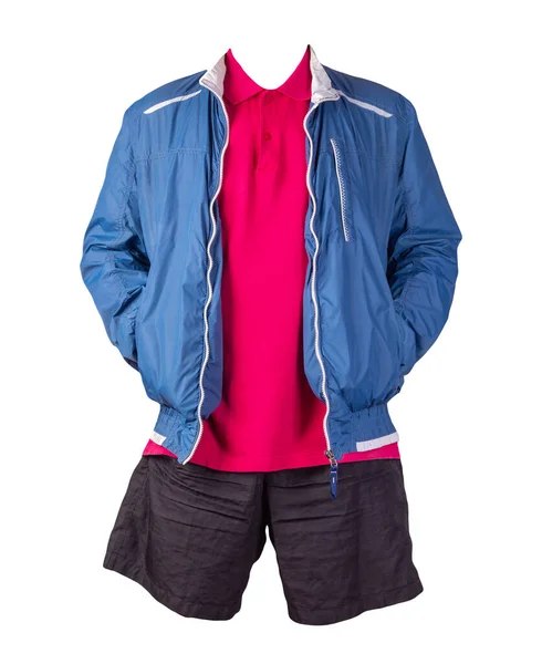 Blusão Branco Azul Masculino Blusão Camisa Vermelha Calções Esportivos Pretos — Fotografia de Stock