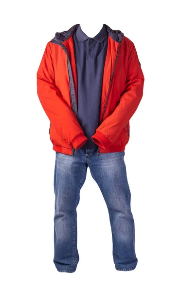 Rote Jacke Dunkelblaues Hemd Und Blaue Jeans Auf Weißem Hintergrund — Stockfoto