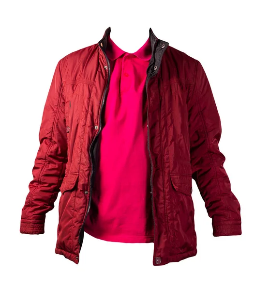 Männer Rotes Shirt Und Dunkelrote Jacke Reißverschluss Isoliert Auf Weißem — Stockfoto