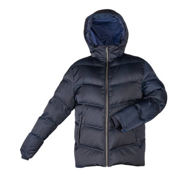 Kapüşonlu koyu mavi ceketli erkekler beyaz arka planda izole edilmiş. Her gün için şık kıyafetler.