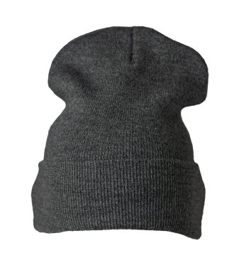 Örgü koyu gri şapka, beyaz arka planda izole edilmiş. Sıradan tarz için moda şapka aksesuarı.