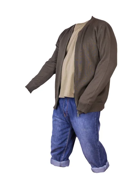 デニムブルーのショートパンツ ベージュのTシャツ ダークグリーンのボンバージャケット — ストック写真