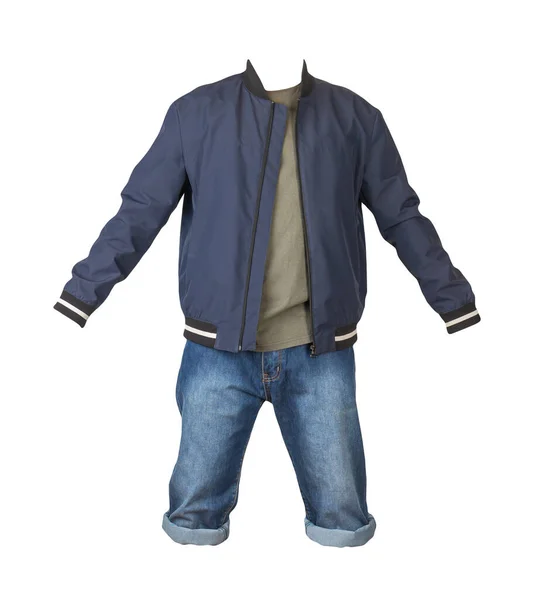 牛仔蓝短裤 橄榄T恤和深蓝色炸弹夹克在拉链上 白色背景隔离 — 图库照片