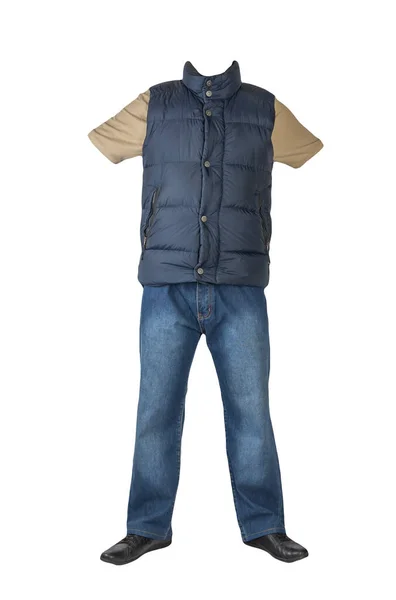 Donkerblauwe Mouwloze Jas Donkerblauwe Jeans Beige Shirt Met Kraag Aan — Stockfoto
