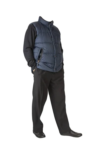 Ciemnoniebieska Kurtka Bez Rękawów Czarne Spodnie Czarny Sweter Czarne Skórzane — Zdjęcie stockowe