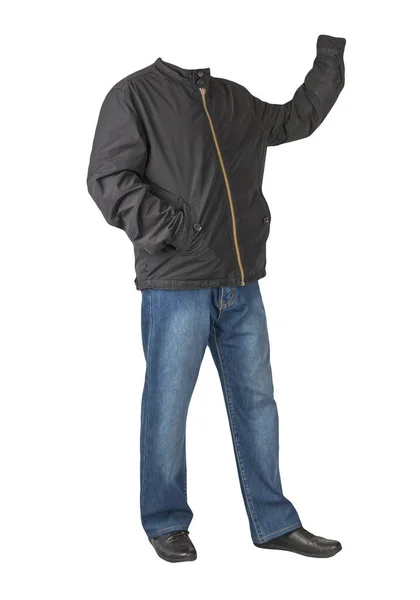 Dunkelblaue Jeans Schwarze Lederschuhe Schwarze Jacke Auf Weißem Hintergrund Lässiger — Stockfoto