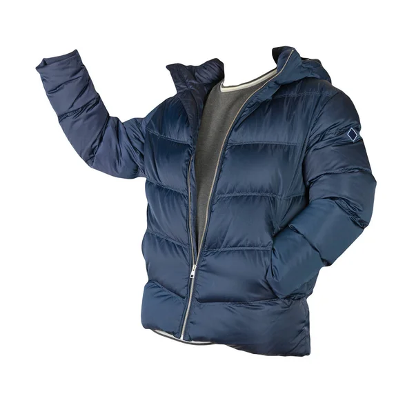 フードとグレーのセーターが白い背景に隔離されたダークブルーのダウンジャケット — ストック写真