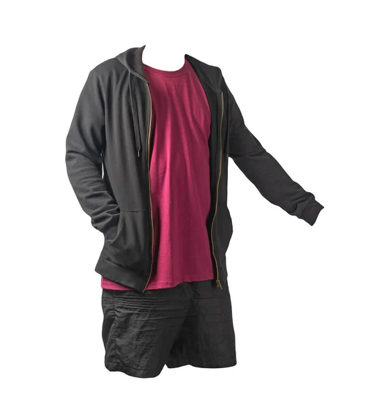Camisola Preta Com Capuz Zíper Ferro Camiseta Borgonha Shorts Esportivos — Fotografia de Stock