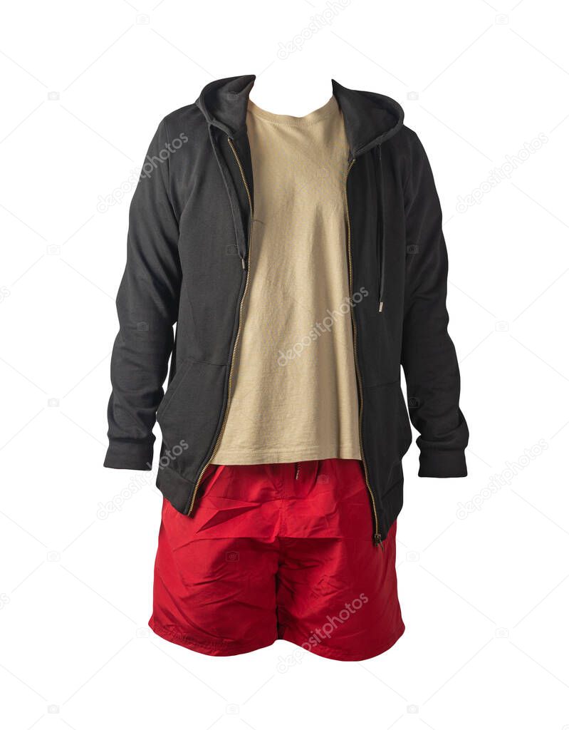 black sweatshirt with iron zipper hoodie,biige t-shirt and red sports shorts isolated on white background. casual sportswear