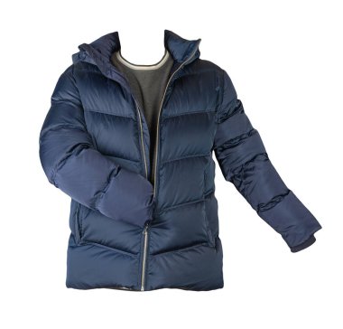 Koyu mavi kapüşonlu ve gri süveterli ceket beyaz arka planda izole