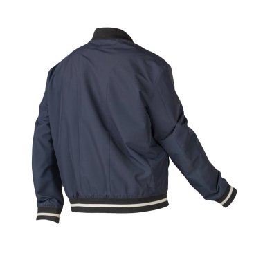 Koyu mavi bombacı ceketi beyaz arka planda izole edilmiş. Her gün için şık kıyafetler.