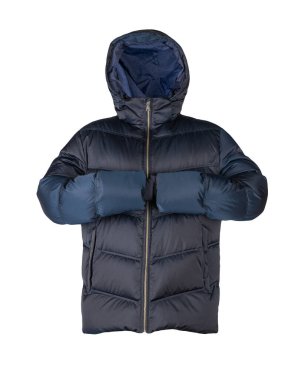 Kapüşonlu koyu mavi ceketli erkekler beyaz arka planda izole edilmiş. Her gün için şık kıyafetler.