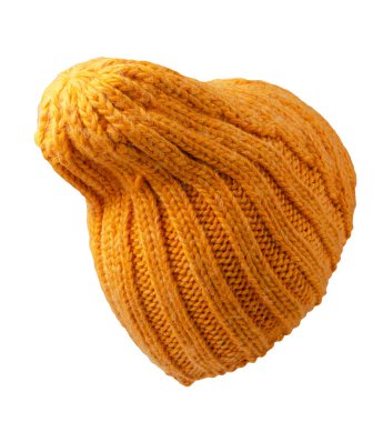 Kadın sarı şapkası. Örgü şapka beyaz arkaplanda izole.