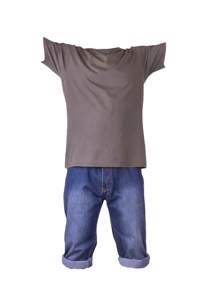Denim Calções Azuis Escuros Camiseta Cinza Isolado Fundo Branco Ordens — Fotografia de Stock