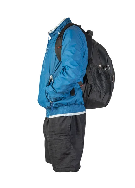 Schwarzer Rucksack Schwarze Shorts Blaue Windjacke Auf Weißem Hintergrund Freizeitkleidung — Stockfoto