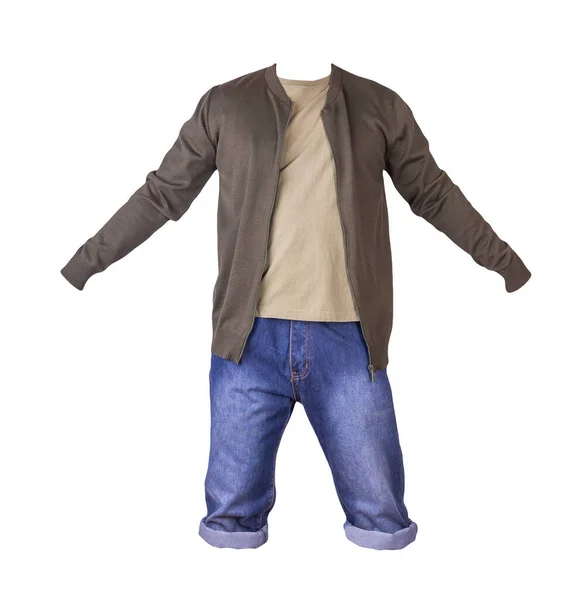 Denim Blue Shorts Beige Shirt Dark Green Bomber Jacket Zipper — Stock Photo, Image