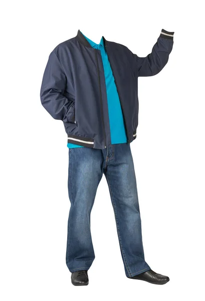 Jeans Azul Escuro Camiseta Azul Com Colarinho Nos Botões Blusão — Fotografia de Stock