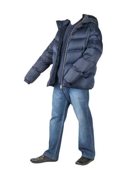 Dunkelblaue Jeans Dunkelblaues Shirt Mit Kragen Den Knöpfen Dunkelblaue Daunenjacke — Stockfoto