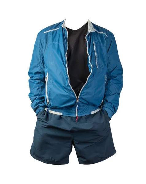 Herren Blau Weiße Windjacke Schwarzes Shirt Und Dunkelblaue Sporthose Auf — Stockfoto