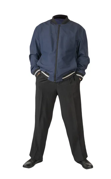 Ciemnoniebieska Męska Kurtka Bombowa Czarne Spodnie Czarne Skórzane Buty Odizolowane — Zdjęcie stockowe