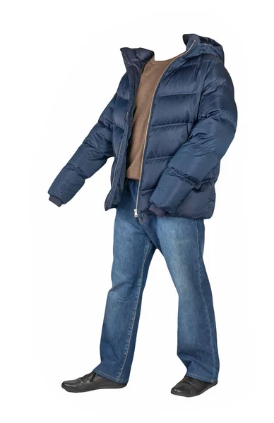 Dunkelblaue Jeans Grüner Pullover Dunkelblaue Daunenjacke Mit Kapuze Und Schwarze — Stockfoto