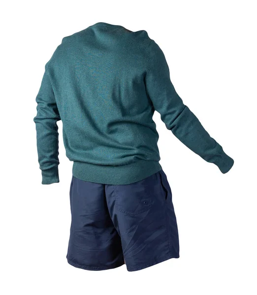Maglia Maglione Verde Pantaloncini Blu Scuro Isolati Sfondo Bianco Vestiti — Foto Stock