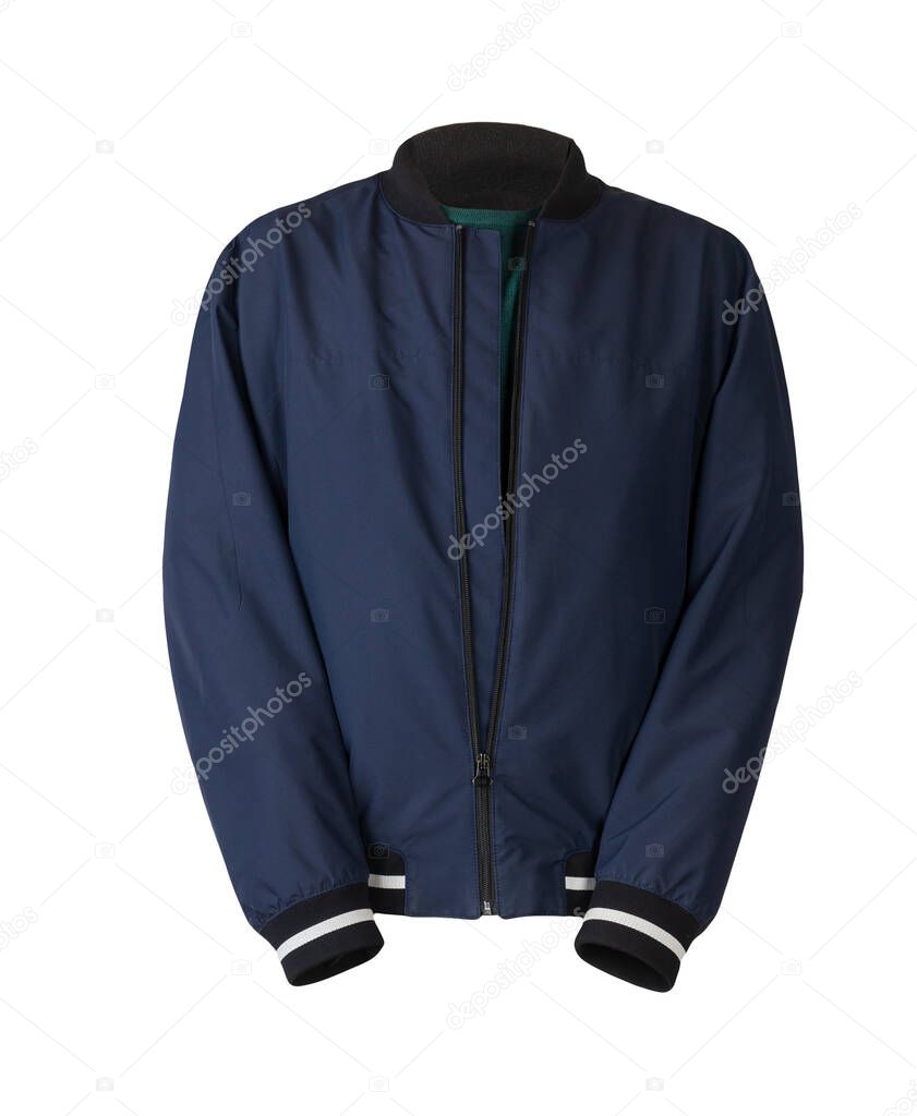 dark blue bomber jacket and green sweater isolated on white background