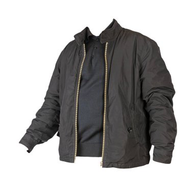 fermuarlı siyah ceket ve beyaz arka planda izole siyah kazak.