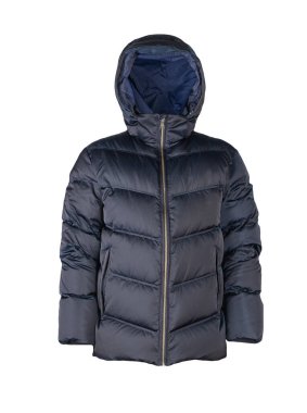 Kapüşonlu koyu mavi ceketli erkekler beyaz arka planda izole edilmiş. Her gün için şık kıyafetler.