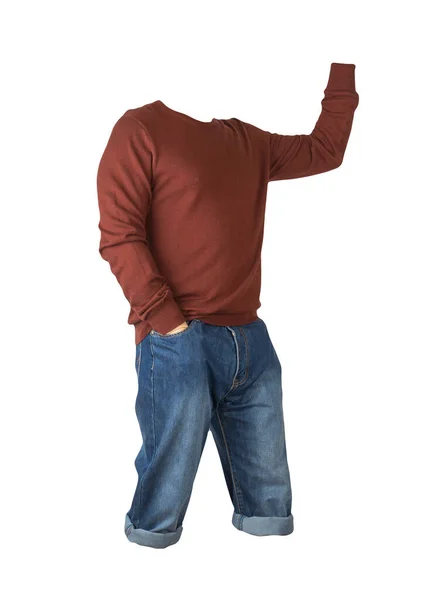 Pantaloncini Blu Scuro Denim Maglione Rosso Scuro Lavorato Maglia Isolato — Foto Stock