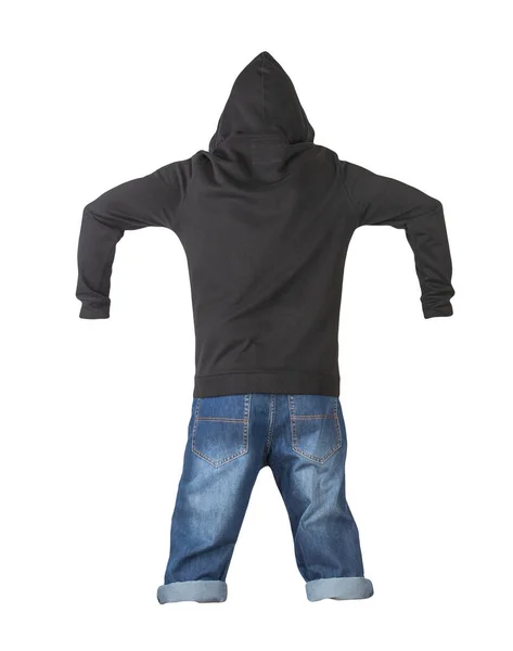 Denim Donkerblauwe Shorts Zwarte Hoodie Geïsoleerd Witte Achtergrond Herenjeans — Stockfoto