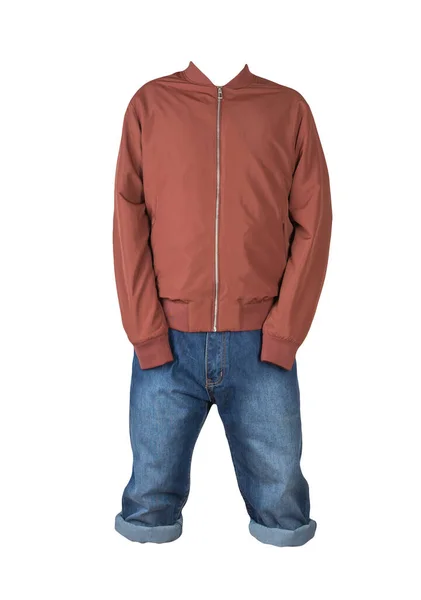 반바지와 폭격기 재킷에 지퍼가 배경에 고립되어 있습니다 남성의 청바지 — 스톡 사진