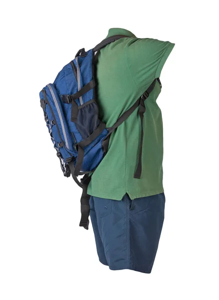 Jeansblauer Rucksack Dunkelblaue Sporthose Dunkelgrünes Hemd Mit Kragen Und Knöpfen — Stockfoto