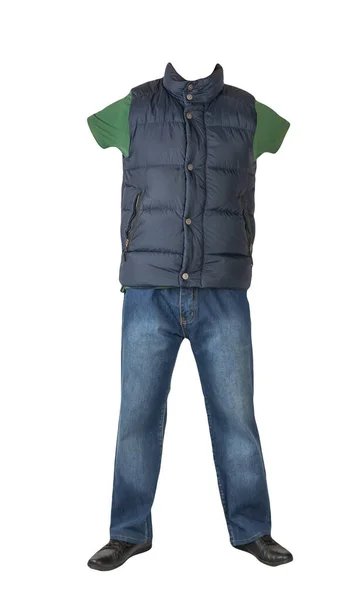 Dunkelblaue Ärmellose Jacke Dunkelblaue Jeans Dunkelgrünes Shirt Mit Kragen Auf — Stockfoto