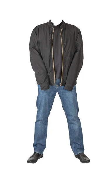 Mörkblå Jeans Svart Shirt Svart Jacka Och Svart Läder Skor — Stockfoto