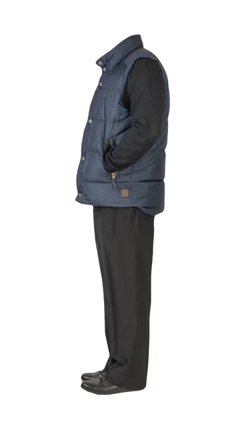 Ciemnoniebieska Kurtka Bez Rękawów Czarne Spodnie Czarny Sweter Czarne Skórzane — Zdjęcie stockowe