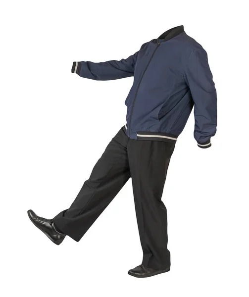 Homem Azul Escuro Jaqueta Bombardeiro Calças Pretas Sapatos Couro Preto — Fotografia de Stock