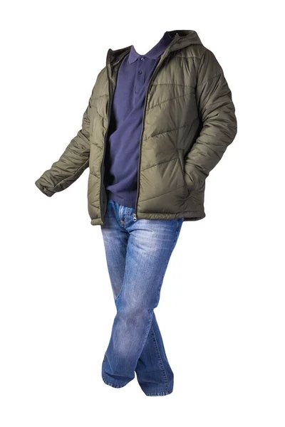 Dunkelgrüne Jacke Mit Reißverschluss Dunkelblaues Hemd Und Blaue Jeans Auf — Stockfoto