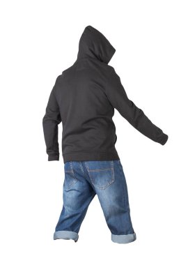 Koyu mavi şort ve siyah kapüşonlu beyaz arka planda izole. Erkek pantolonu.